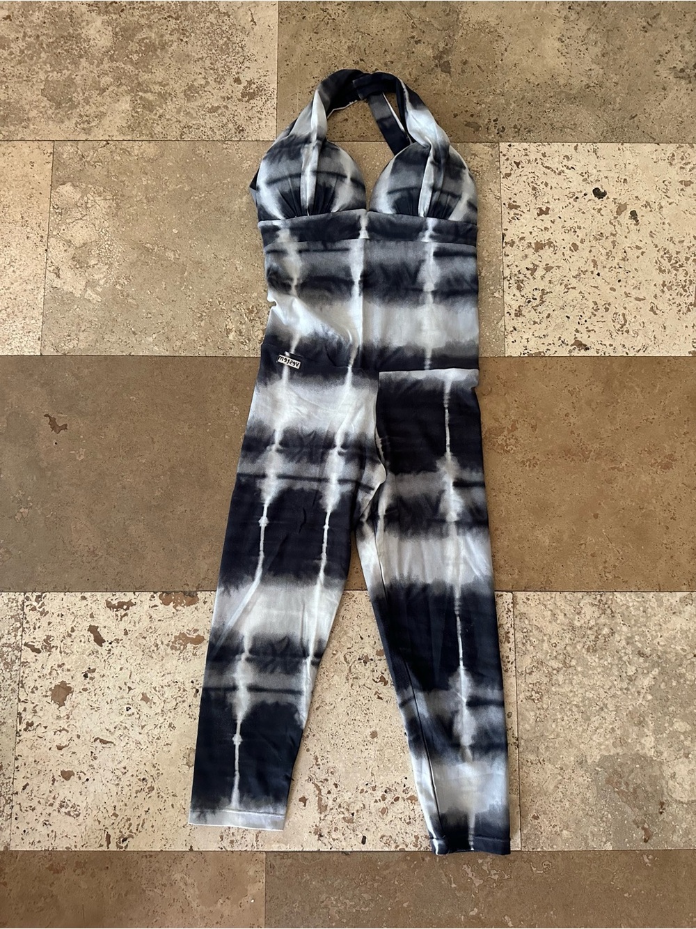 Tie-Dye Halter One-Piece Bodysuit Jumpsuit in Black & White